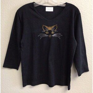 Cactus Bay Apparel Tee Rhinestone Cat 3/4 Sleeve V-Neck Size Large Shirt